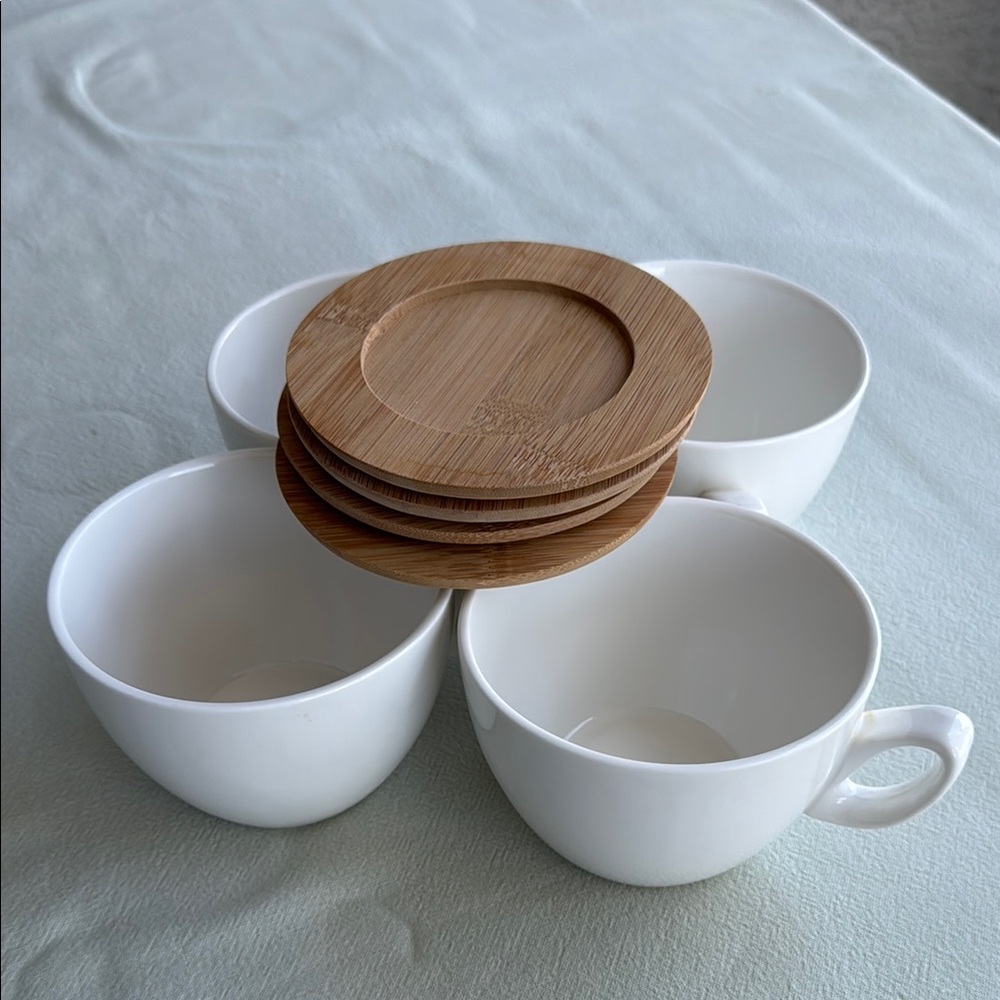 White Ceramic Cups with Bamboo Coasters Set